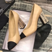 Fashion Chanel Heel 8cm Lambskin/Grosgrain Pumps G34905 apricot/Black 2019