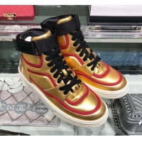 Classic Chanel Logo Satin Finish Lambskin High-top Sneakers G35062 Metallic Gold/Fuchsia 2019