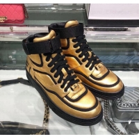 Stylish Chanel Logo Satin Finish Lambskin High-top Sneakers G35062 Metallic Gold/Black 2019