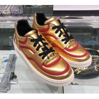 Best Product Chanel Logo Satin Finish Lambskin Sneakers G35063 Metallic Gold/Fuchsia 2019