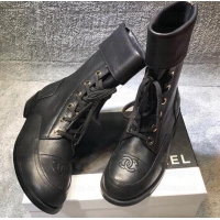 Fashion Chanel CC Logo Pearl Calfskin Lace-Ups Ankle Boots C101601 Black 2019