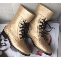 Shop Duplicate Chanel CC Logo Pearl Calfskin Lace-Ups Ankle Boots C101601 Gold 2019