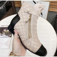 Fashion Chanel Heel 3cm CC Logo Quilting Pearl Ankle Boots C101605 Beige/Black 2019