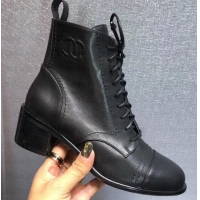 Hot Style Chanel Heel 5cm CC Logo Lace-Ups Ankle Boots C101608 Black 2019