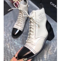 Grade Chanel Heel 5cm CC Logo Lace-Ups Ankle Boots Glossy C101611 Creamy/Black 2019