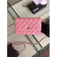 Unique Chanel classic wallet on chain Grained Calfskin & Silver-Tone Metal 33814 Pearlescent Pink