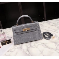 Popular Style Hermes Kelly 19cm Tote Bag crocodile Leather KL19 grey