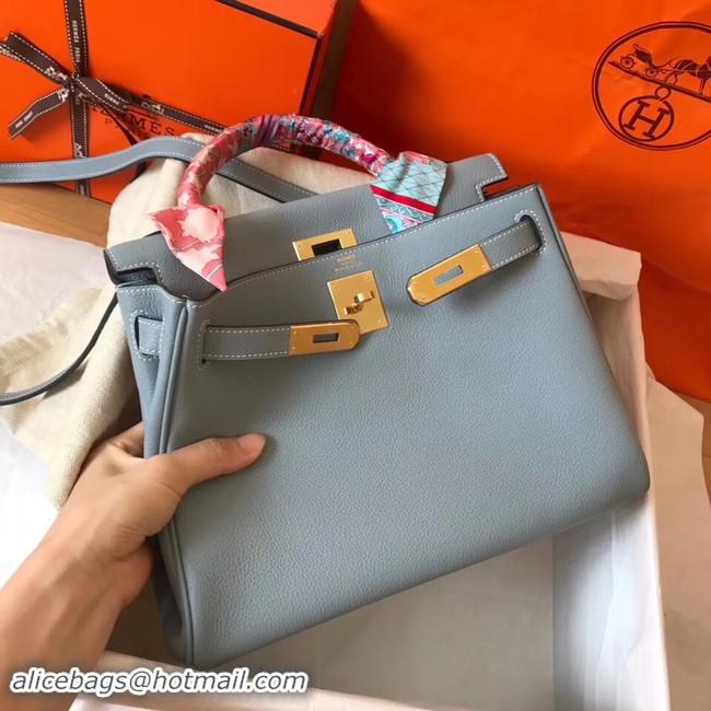 Perfect Hermes original Togo leather kelly bag KL32 light blue