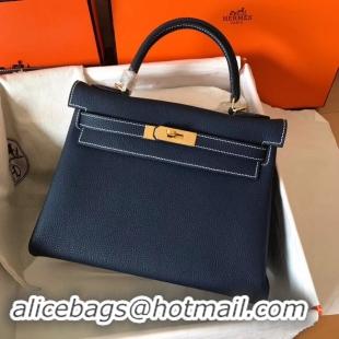 Fashion Hermes original Togo leather kelly bag KL32 dark blue