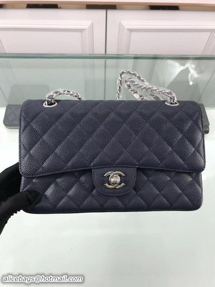 Top Grade Chanel New Pearl Caviar Calfskin Medium Flap Bag A1112 Navy Blue Silver