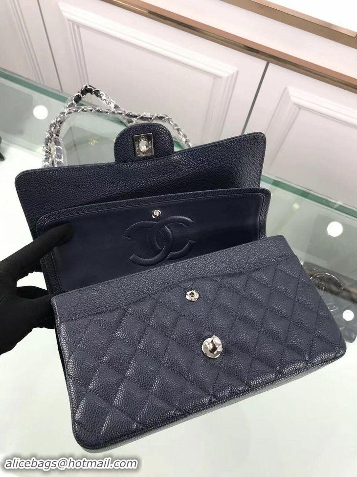 Top Grade Chanel New Pearl Caviar Calfskin Medium Flap Bag A1112 Navy Blue Silver