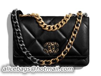 Buy Discount Chanel 19 Classic Sheepskin Leather Chain Wallet AP0957 black Gold-Tone Metal