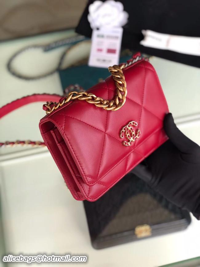 High Quality Chanel 19 Classic Sheepskin Leather Chain Wallet AP0957 Red & Gold-Tone Metal