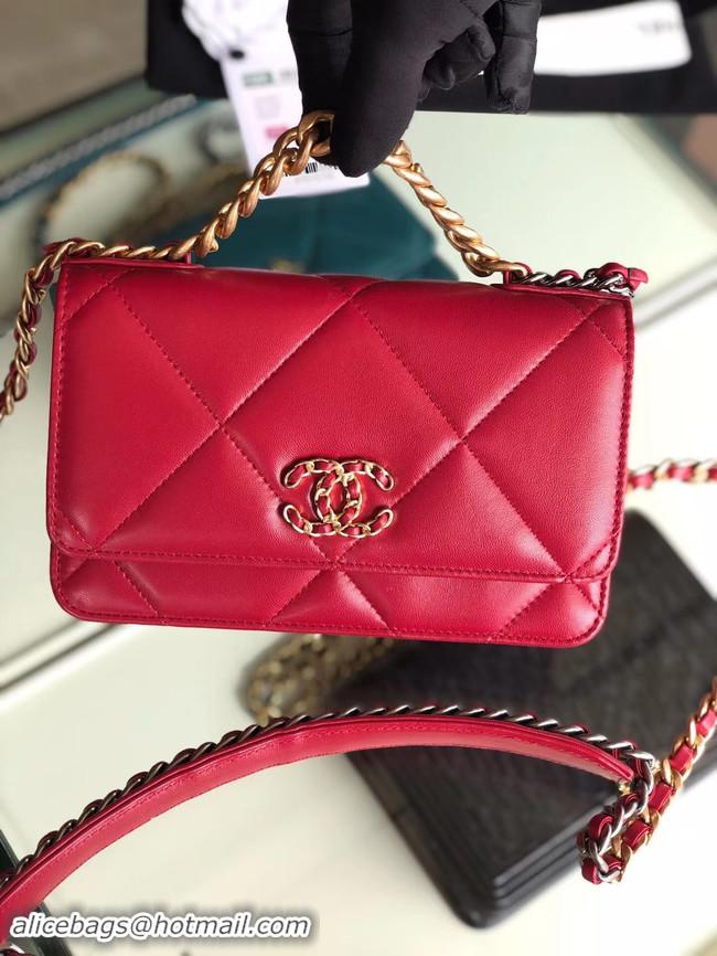 High Quality Chanel 19 Classic Sheepskin Leather Chain Wallet AP0957 Red & Gold-Tone Metal