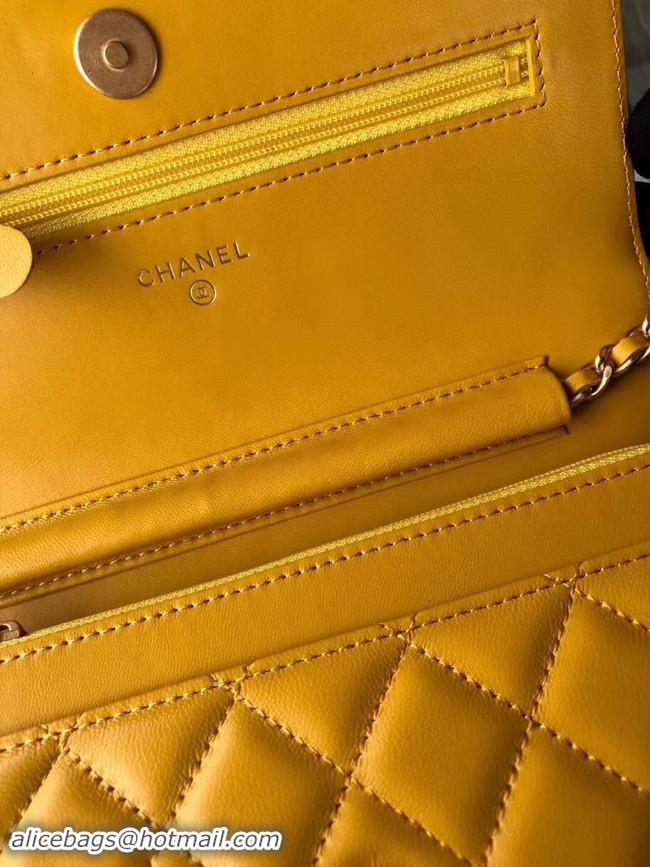 Free Shipping Discount Chanel Original Leather Chain Wallet AP0724 yellow