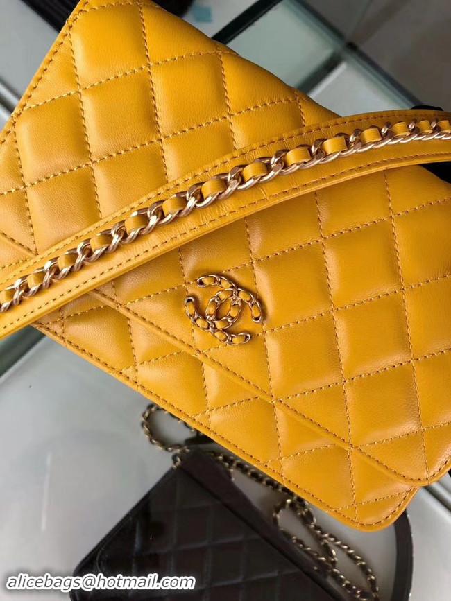 Free Shipping Discount Chanel Original Leather Chain Wallet AP0724 yellow