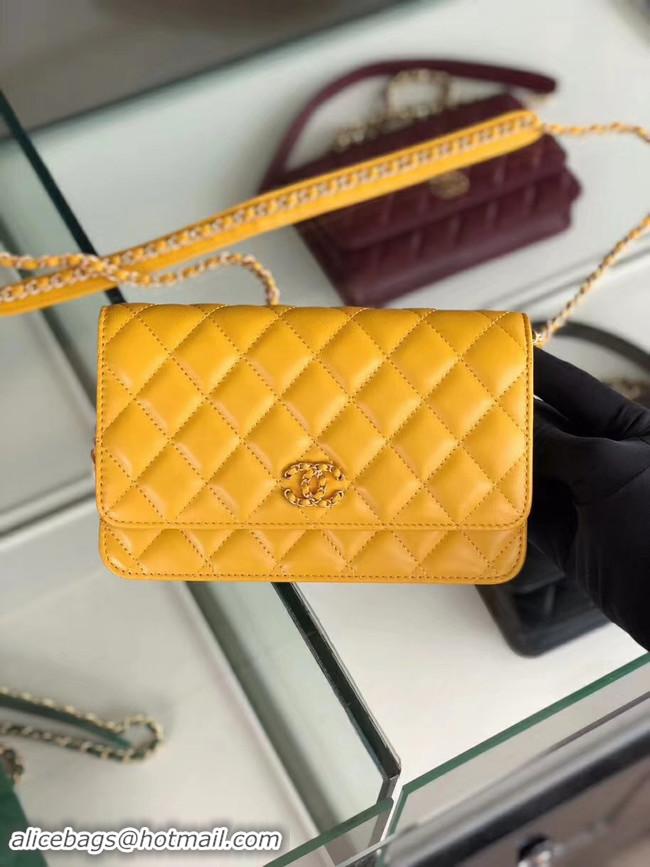 Free Shipping Discount Chanel Original Leather Chain Wallet AP0724 yellow