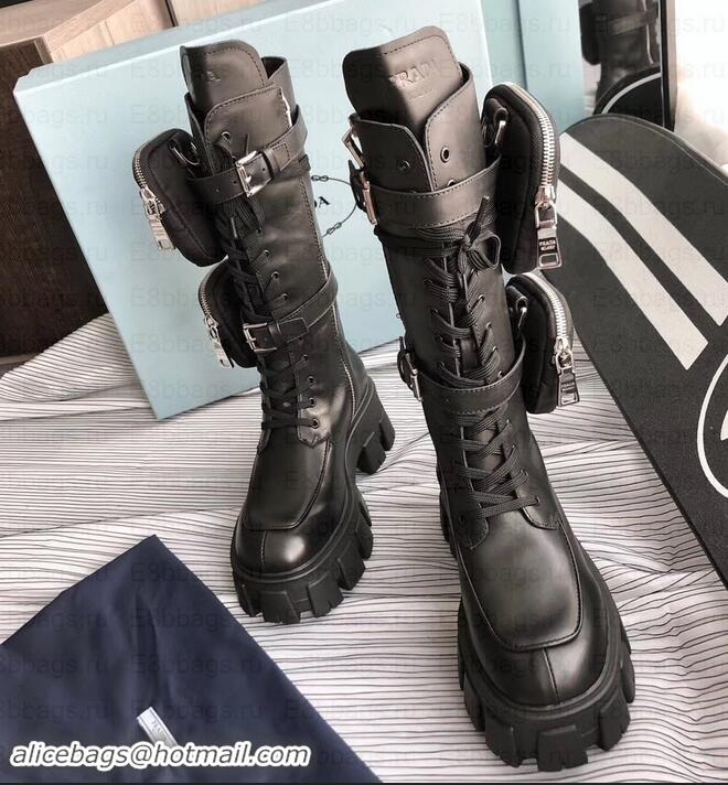 New Fashion Prada Monolith Leather Boots Black Straps with Detachable Nylon Pouches PA892 2019 