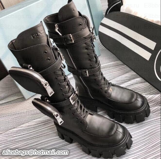 New Fashion Prada Monolith Leather Boots Black Straps with Detachable Nylon Pouches PA892 2019 