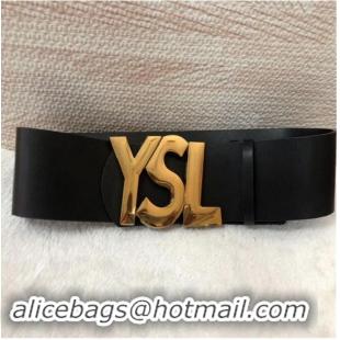 Faux Yves Saint Laurent Width 7CM Logo Leather Belt Women Y8102 Black