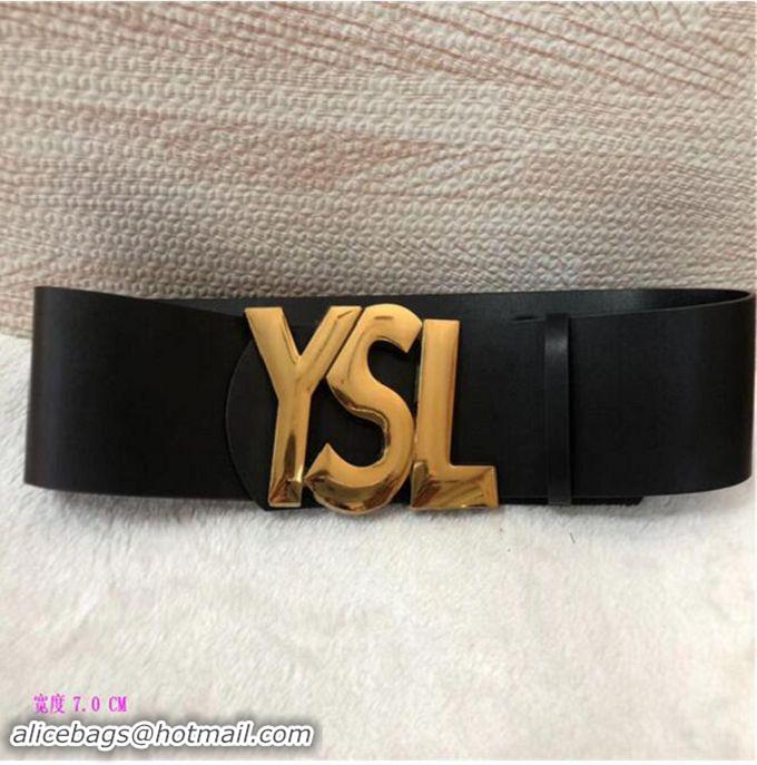 Faux Yves Saint Laurent Width 7CM Logo Leather Belt Women Y8102 Black