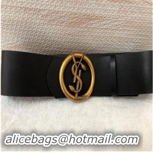 Refined Yves Saint Laurent Width 7CM Logo Leather Belt Women Y8103 Black