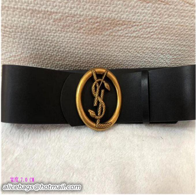 Refined Yves Saint Laurent Width 7CM Logo Leather Belt Women Y8103 Black