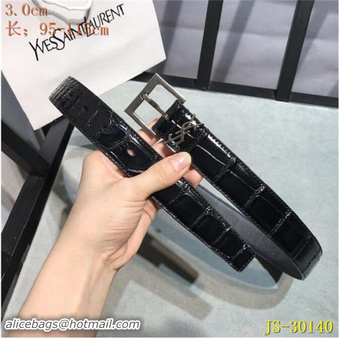 Luxury Saint Laurent Width 3cm Monogramme Belt With Square Buckle Crocodile Embossed Leather Y8106 Glossy Black/Silver