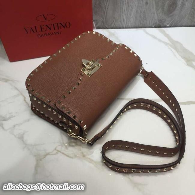 Best Quality VALENTINO Rockstud grained leather messenger 0936B brown