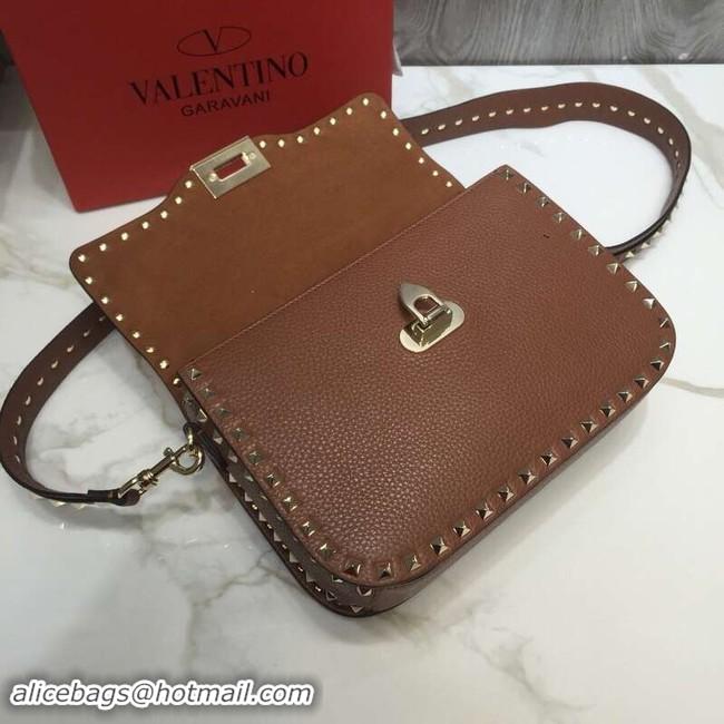 Best Quality VALENTINO Rockstud grained leather messenger 0936B brown