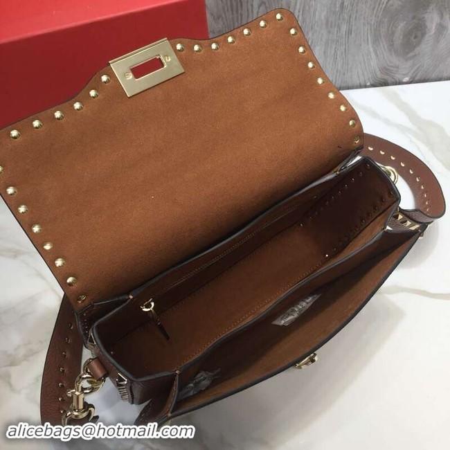 Best Quality VALENTINO Rockstud grained leather messenger 0936B brown