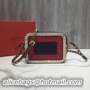 Luxury VALENTINO Rockstud leather camera cross-body bag 2855 Black&red&white