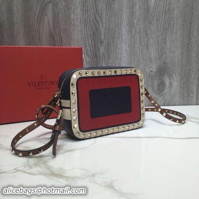 Luxury VALENTINO Rockstud leather camera cross-body bag 2855 Black&red&white