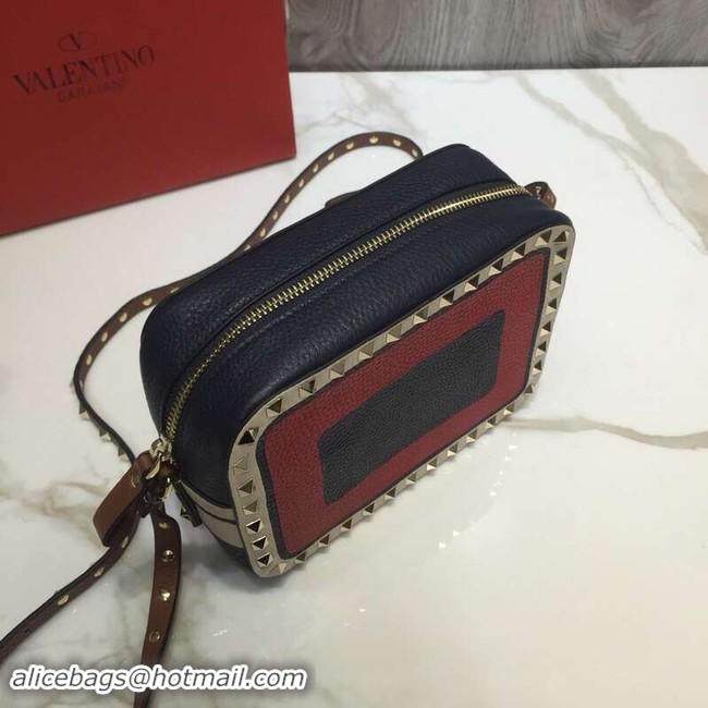 Luxury VALENTINO Rockstud leather camera cross-body bag 2855 Black&red&white