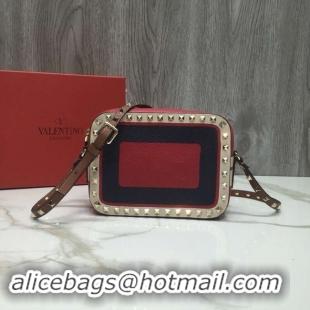 Practical VALENTINO Rockstud leather camera cross-body bag 2856 Black&red&white