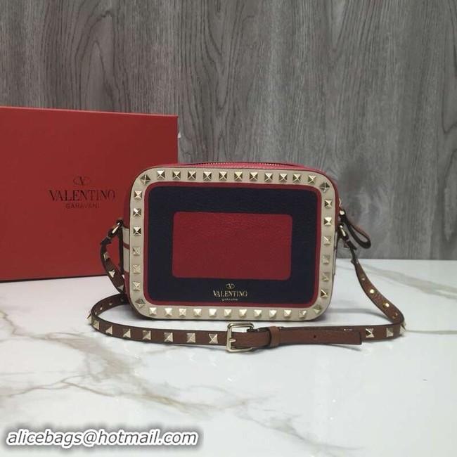 Practical VALENTINO Rockstud leather camera cross-body bag 2856 Black&red&white