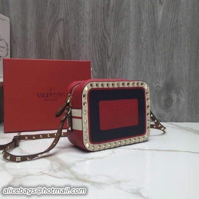 Practical VALENTINO Rockstud leather camera cross-body bag 2856 Black&red&white