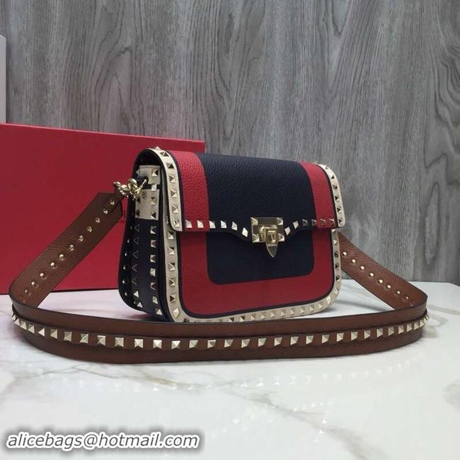 Luxury Hot VALENTINO Rockstud grained leather messenger 0936B Black&red&white