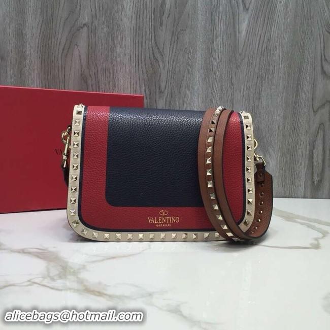 Luxury Hot VALENTINO Rockstud grained leather messenger 0936B Black&red&white