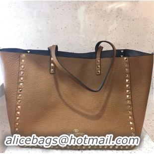 Discount VALENTINO Garvani Rockstud Origianl Leather Shopping Bag V2089 Brown