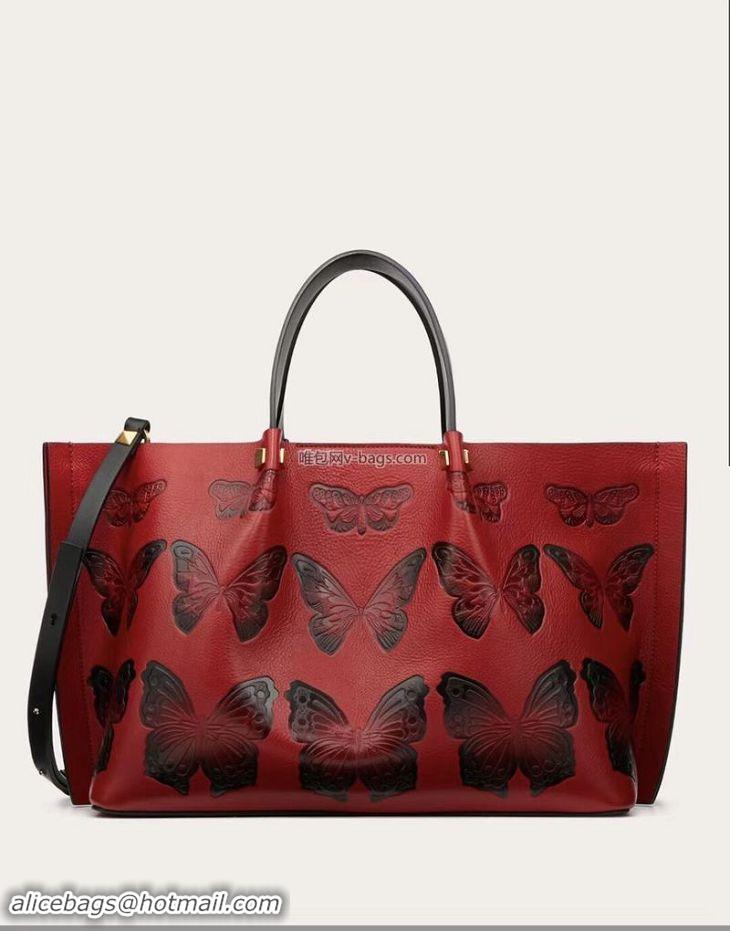 Fashion VALENTINO Origianl Leather Bag Butterfly Embossing V0099F Red