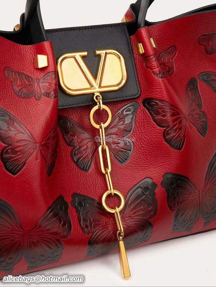 Fashion VALENTINO Origianl Leather Bag Butterfly Embossing V0099F Red