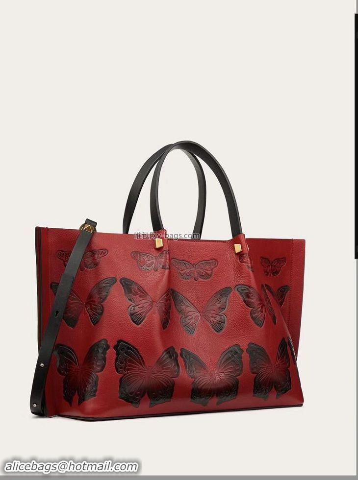 Fashion VALENTINO Origianl Leather Bag Butterfly Embossing V0099F Red