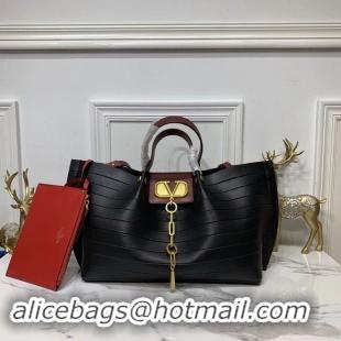 Top Grade VALENTINO Origianl Leather Bag Bar Embossing V0099F Black