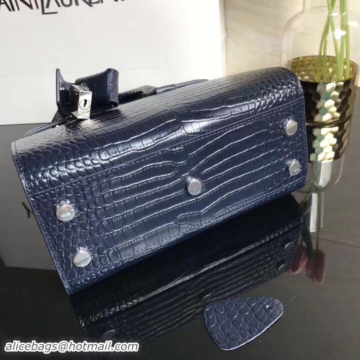 Elegant SAINT LAURENT Crocodile-Embossed Leather Organ Bag 392035 Dark Blue