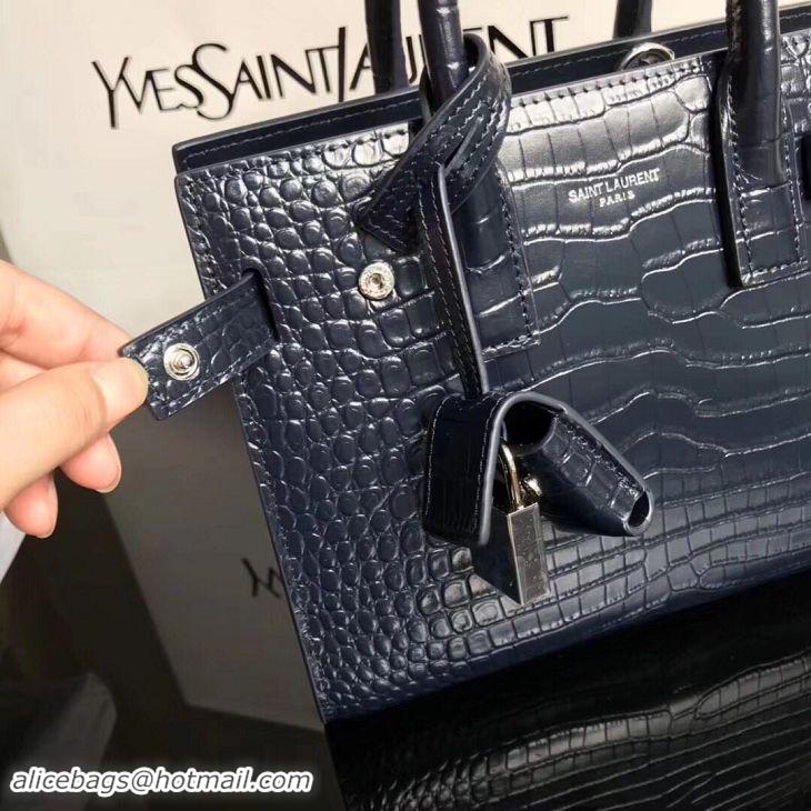 Elegant SAINT LAURENT Crocodile-Embossed Leather Organ Bag 392035 Dark Blue