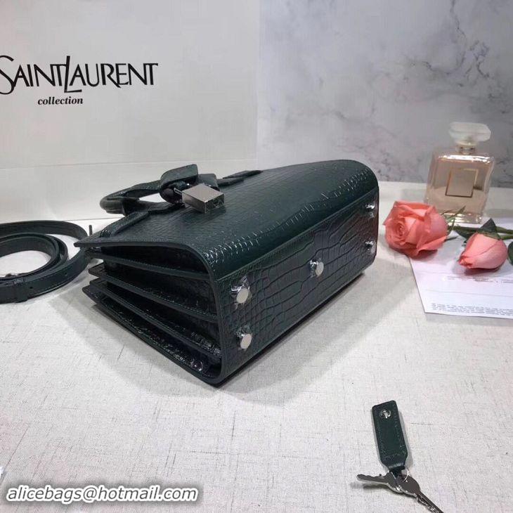 Top Design SAINT LAURENT Crocodile-Embossed Leather Organ Bag 392035 Dark Green