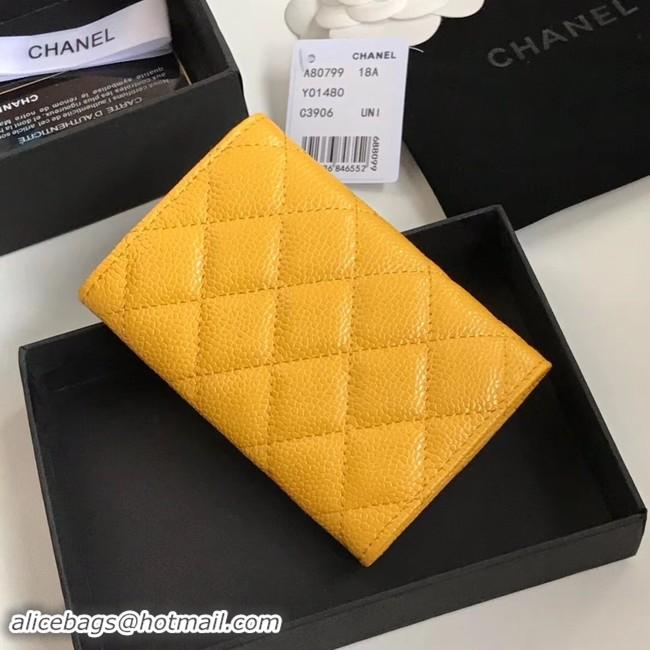 Luxury Hot Chanel card holder Calfskin & Gold-Tone Metal A80799 yellow