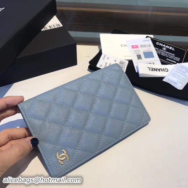 Discount Chanel Calfskin Leather & Gold-Tone Metal Wallet A80385 Light Blue