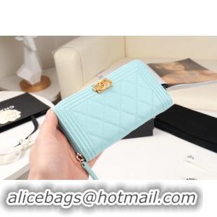 Best Price Chanel Calfskin Leather & Gold-Tone Metal Wallet A80566 Light blue